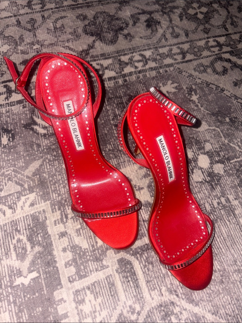 New! Never used! Manolo Blahnik Red Satin Crystal-Embellished Ankle-Strap Sandal